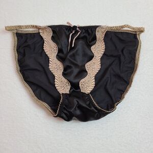 VTG Delicates Silky Satin Mesh Lace String Bikini Panty Size XL Black Tan